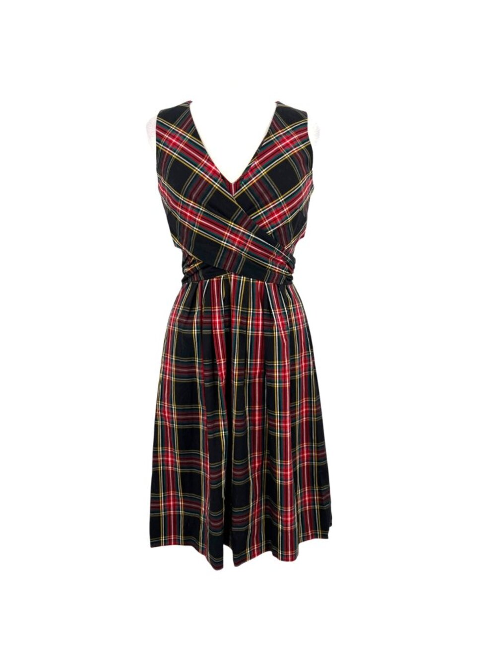 J. Crew Factory Tartan V-Neck Wrap Dress Black Red Size 4 Classic Preppy Holiday
